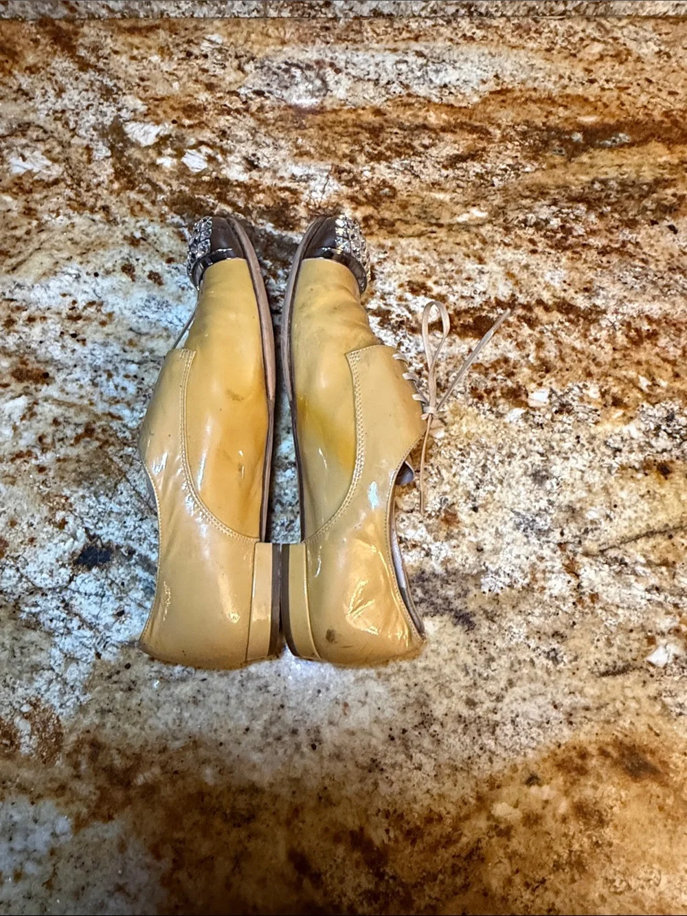 Miu Miu Yellow Girls Lace-Up Shoes with Rhinestone Cap Toes